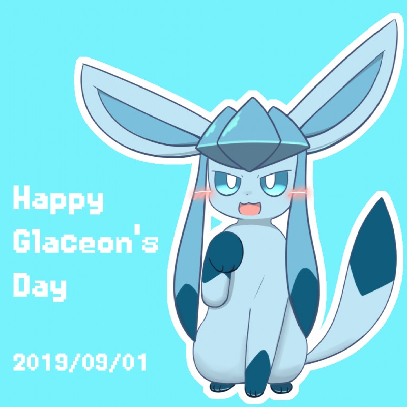 ambiguous_gender blue_background blue_body blue_eyes blue_fur blush feral fur looking_at_viewer open_mouth simple_background sitting solo text tsurikichiyuyu glaceon_day nintendo pokemon pokemon-specific_day eeveelution generation_4_pokemon glaceon mammal pokemon_(species) 1:1 2019 dated digital_media_(artwork) english_text