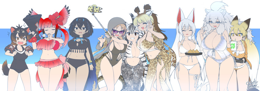 :d ahoge big_breasts bikini black_body black_eyes black_feathers black_hair blonde_hair blue_eyes blush bodily_fluids breasts brown_eyes brown_hair cleavage cloak clothed clothing container cup dark_body dark_skin dipstick_ears dipstick_tail drinking ear_markings electronics eyes_closed eyewear fangs feathered_wings feathers female floatie food game_console gesture grey_eyes group hair hand_gesture happy head_wings holding_object hoodie horn huge_breasts inflatable inner_ear_fluff jacket long_hair markings megaphone midriff multicolored_ears multicolored_hair multicolored_tail multicolored_wings navel one-piece_swimsuit open_mouth ponytail pupils purple_eyes purple_hair red_body red_feathers red_hair sarong school_swimsuit selfie selfie_stick short_hair slit_pupils smile striped_hair sunglasses sweat sweatdrop swimwear tail tail_markings teeth topwear tuft two-piece_swimsuit unusual_wing_placement v_sign white_hair wings yellow_eyes yoshida_hideyuki game_gear kemono_friends sega akanishi_(kemono_friends) davey_(kemono_friends) ezo_red_fox_(kemono_friends) greater_lophorina_(kemono_friends) oinari-sama_(kemono_friends) plains_zebra_(kemono_friends) reticulated_giraffe_(kemono_friends) scarlet_ibis_(kemono_friends) white_lion_(kemono_friends) animal_humanoid avian avian_humanoid bird_humanoid canid canid_humanoid canine canine_humanoid dasyuromorph dasyuromorph_humanoid equid equid_humanoid equine equine_humanoid felid felid_humanoid fox_humanoid giraffe_humanoid giraffid giraffid_humanoid humanoid lion_humanoid mammal mammal_humanoid marsupial marsupial_humanoid pantherine pantherine_humanoid reptile reptile_humanoid scalie scalie_humanoid snake_humanoid tasmanian_devil_humanoid zebra_humanoid 2020 absurd_res hi_res signature watermark