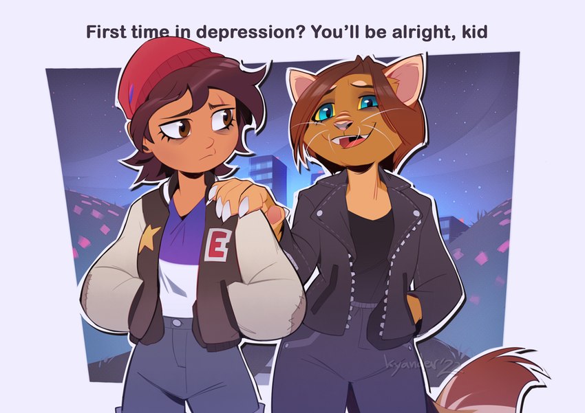 anthro blue_eyes breasts brown_eyes brown_hair clothed clothing duo eyebrows eyelashes female hair open_mouth smile standing teeth tongue kyander disney the_owl_house kissa_yander luz_noceda domestic_cat felid feline felis human mammal 2022 digital_media_(artwork)