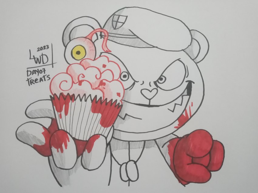 anthro blood bodily_fluids brain cannibalism clothed clothing cupcake eyeball food gore headgear headwear male organs smile solo teeth topwear yellow_eyes lightwavedrake_(artist) happy_tree_friends flippy_(htf) fliqpy_(htf) bear mammal 4:3 absurd_res hi_res