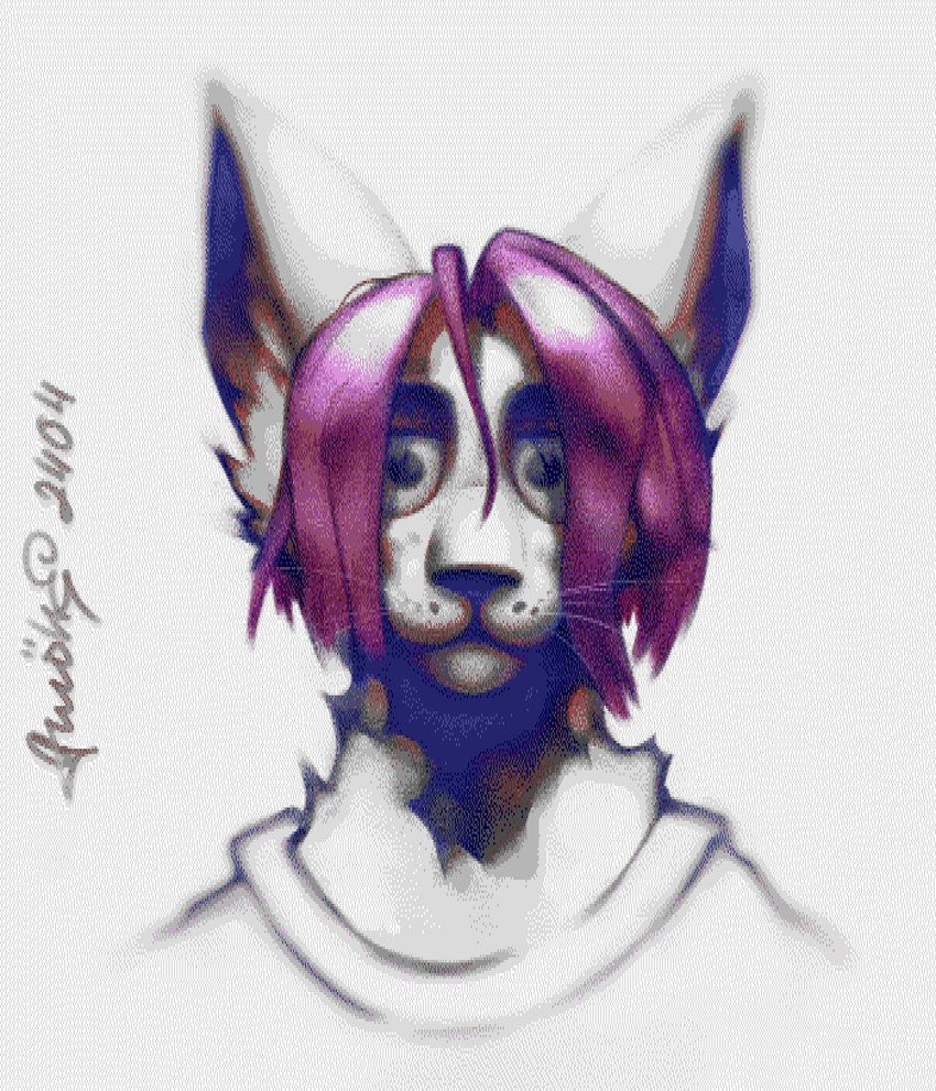 anthro big_ears big_eyes hair long_hair looking_at_viewer male neutral_expression pink_hair pixelized solo whiskers gwolk domestic_cat felid feline felis mammal headshot_portrait hi_res portrait