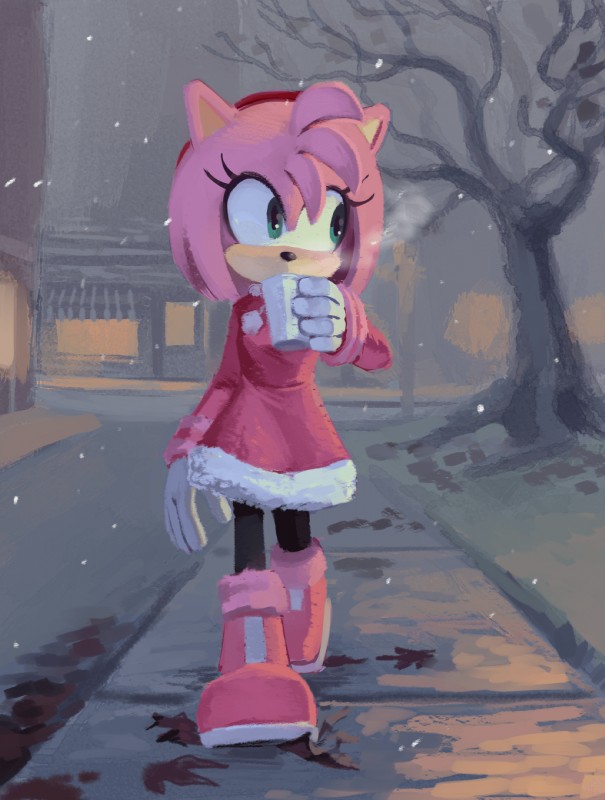 accessory anthro beverage black_nose boots clothed clothing coat container cup female footwear gloves green_eyes hair hair_accessory hairband handwear holding_container holding_cup holding_object outside pink_hair plant shoes short_hair snow solo thin_calves thin_legs thin_thighs topwear tree winter knockabiller sega sonic_the_hedgehog_(series) amy_rose eulipotyphlan hedgehog mammal 2017 hi_res