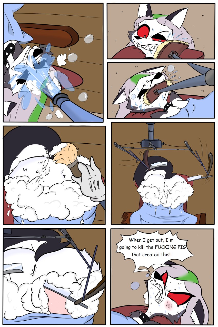 angry anthro ass_up blush breasts butt cleavage clothed clothing dialogue female profanity pussy_peek questionable_consent shaved slapstick slapstick_humor solo text wet lev0on disney fairy_tales helluva_boss mythology the_three_little_pigs loona_(helluva_boss) canid canid_demon canine demon hellhound mammal mythological_canine mythological_creature 2:3 absurd_res comic crossover english_text hi_res