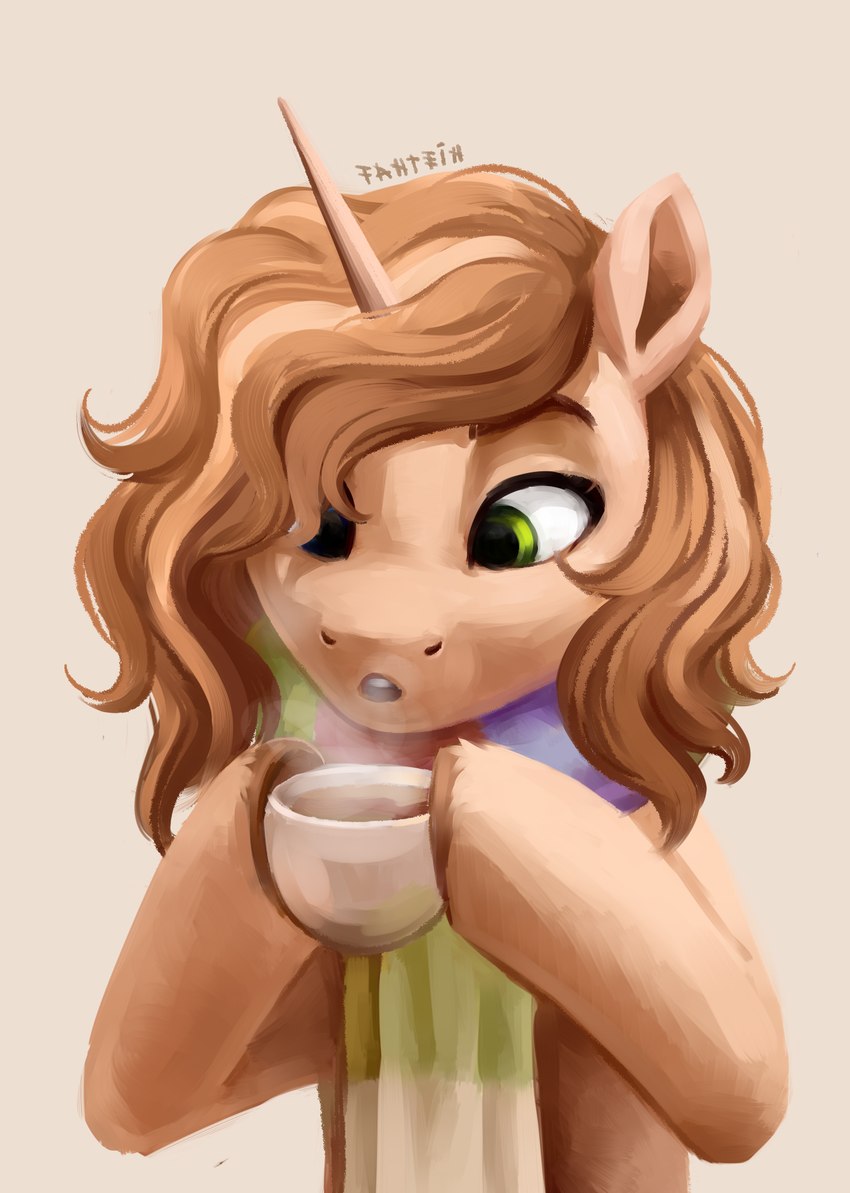 beverage brown_eyebrows brown_hooves brown_mane clothing coffee eyebrows female feral fur green_eyes holding_beverage holding_coffee_mug holding_object hooves horn light looking_at_beverage mane medium_mane multicolored_mane multicolored_scarf pattern_clothing pattern_scarf scarf simple_background solo steam striped_clothing striped_scarf stripes tan_body tan_fur tan_horn tan_mane teeth two_tone_mane unguligrade unicorn_horn fantein hasbro mlp_g5 my_little_pony mythology fan_character equid equine mammal mythological_creature mythological_equine unicorn 2022 artist_name colored digital_media_(artwork) digital_painting_(artwork) english_description hi_res lighting shaded