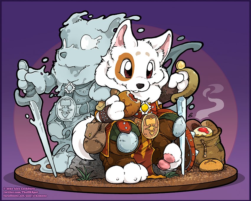 anthro armor bag bone brown_body brown_eyes brown_fur clothing duo eating empty_eyes fingerless_gloves food fur gloves grass handwear leather leather_armor male medallion melee_weapon neck_tuft pastry pawpads plant purple_background shield simple_background steam sweet_bun sword text tuft weapon white_body white_fur o-kemono dungeons_and_dragons hasbro wizards_of_the_coast cottage_loaf saint_loaf canid canine canis domestic_dog ghost herding_dog mammal nordic_sled_dog pastoral_dog samoyed spirit spitz welsh_corgi 2022 url