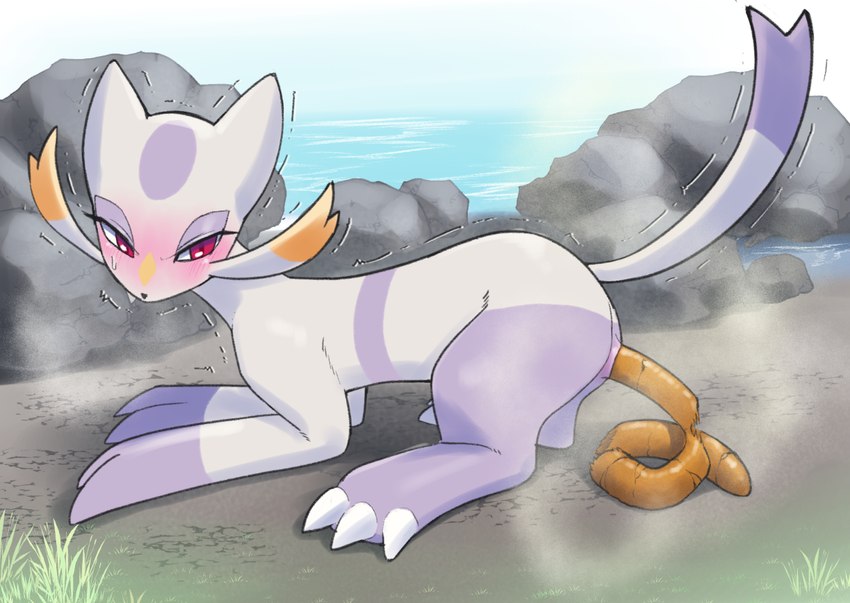 anus blush feces female feral fur pooping pooping_on_floor purple_body purple_fur red_eyes scatplay shaking solo trembling white_body white_fur unoroute unousaya nintendo pokemon generation_5_pokemon mienshao pokemon_(species)