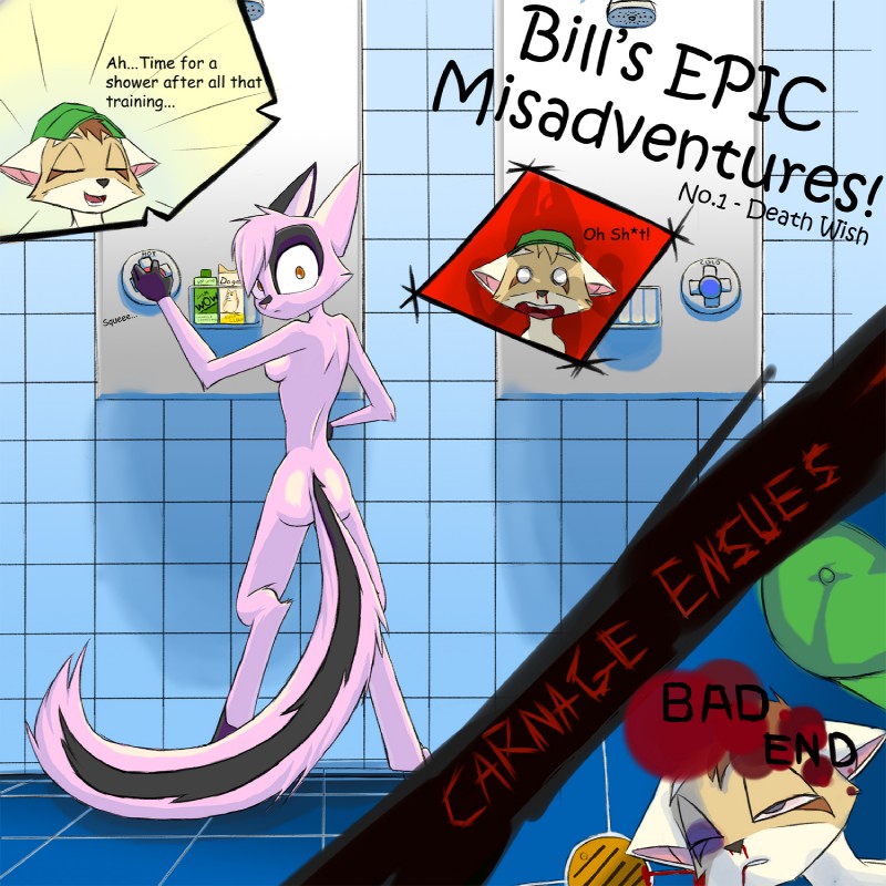 anthro baseball_cap black_eye_(injury) blood bodily_fluids breasts brown_body brown_fur bruised butt clothing duo female fur hair hat headgear headwear looking_back male nosebleed nude pink_body pink_fur pink_hair rear_view shower zagura dreamkeepers bill_(dreamkeepers) viriathus_vayu canid canine fox mammal 1:1 2014 hi_res