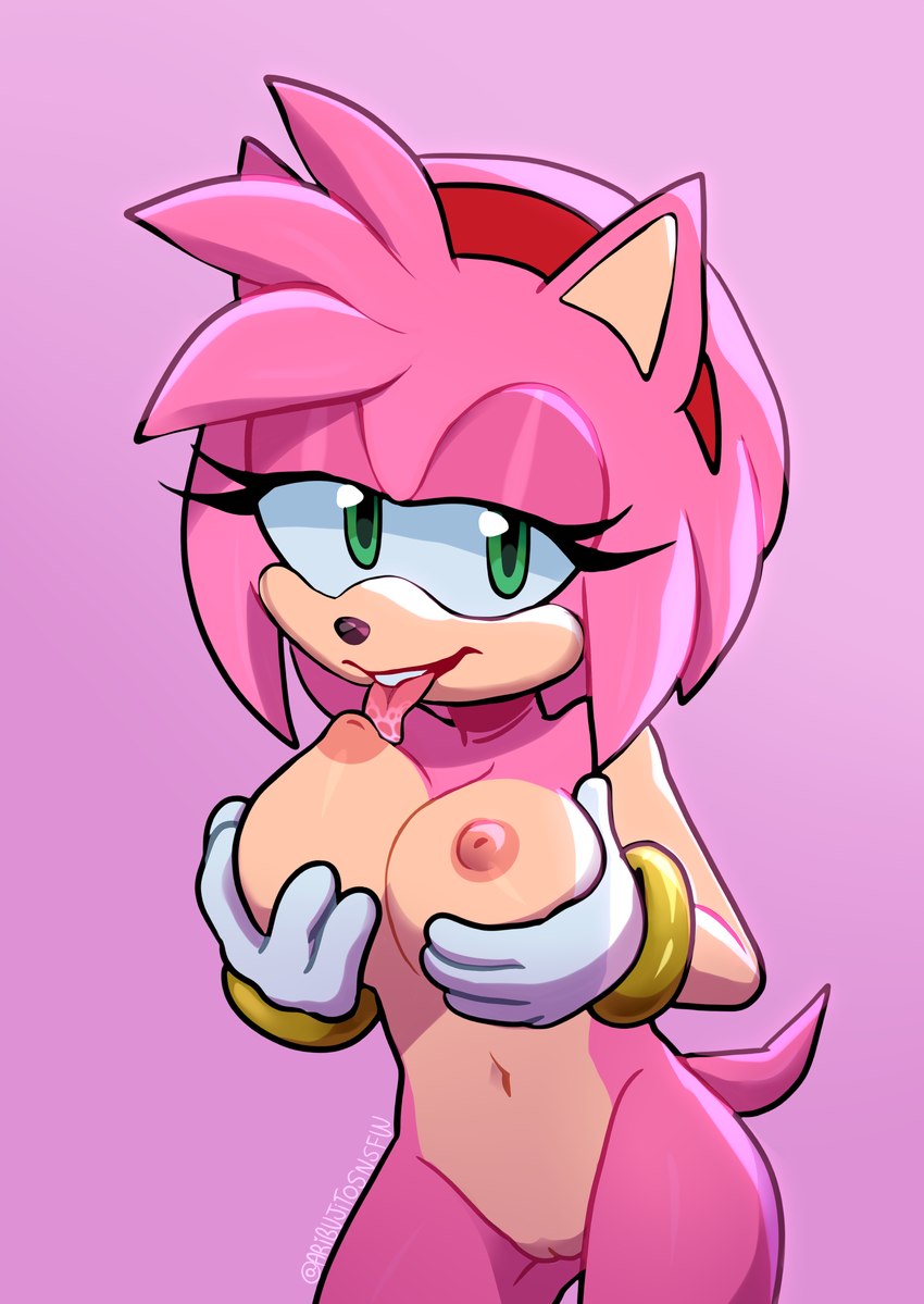 anthro auto_breast_lick breast_lick breast_play breasts female fur green_eyes licking nipple_fetish nipple_lick nipple_play nipples nude pink_body pink_fur self_lick solo thick_thighs tongue tongue_out wide_hips ari_dibujitos sega sonic_the_hedgehog_(series) amy_rose eulipotyphlan hedgehog mammal absurd_res hi_res