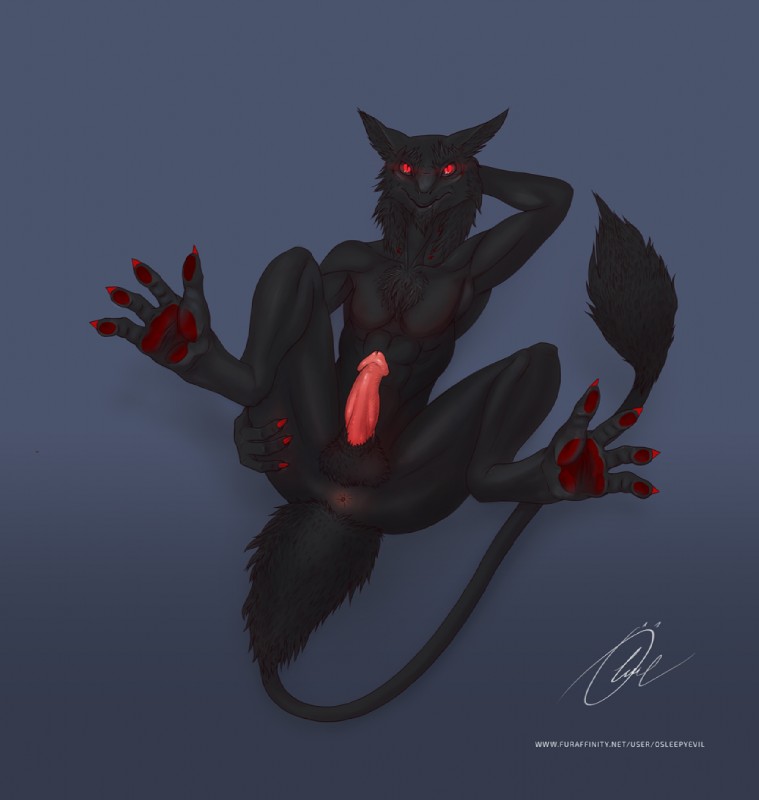 anthro anus balls black_body black_fur butt feet foot_focus fur genitals inviting looking_at_viewer male nude penis presenting presenting_hindquarters red_eyes solo spread_legs spreading tail osleepyevil marilyn_gaahl_infernus sergal