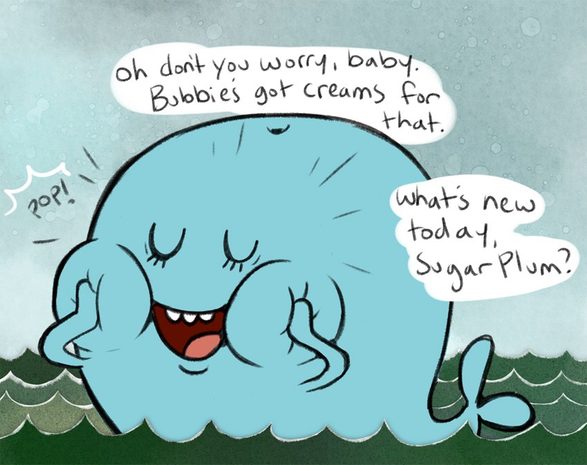 ambiguous_gender blowhole blue_body detailed_background dialogue eyes_closed feral fin on_model open_mouth open_smile outside partially_submerged pectoral_fin sea sky smile solo speech_bubble tail tail_fin text toony water the-spirit-of-adventure the_marvelous_misadventures_of_flapjack bubbie cetacean mammal marine english_text