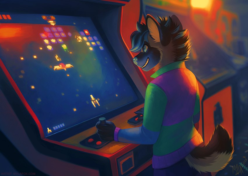 anthro arcade arcade_machine black_body black_fur black_hair blue_bottomwear blue_clothing blue_eyes blue_hair blue_topwear bottomwear clothed clothing fur gaming glistening glistening_eyes green_clothing green_topwear grey_body grey_fur grin hair inner_ear_fluff male multicolored_hair playing_video_game purple_clothing purple_topwear smile solo standing topwear tuft two_tone_hair white_inner_ear_fluff mylafox hyena mammal 2023 hi_res