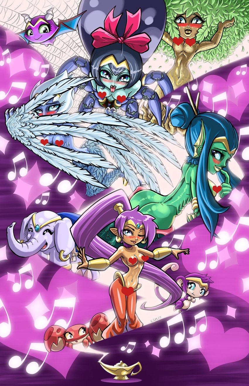 accessory anthro arthropod_abdomen blue_eyes blue_hair bow_ribbon butt crown ear_fins ear_piercing ear_ring feathered_wings feathers female feral fin group hair hair_accessory hair_bow hair_ribbon headgear horn leaf leaf_hair mermaid_tail monkey_tail monster_girl_(genre) musical_note musical_symbol piercing plant plant_hair ponytail pseudo_hair ribbons ring_piercing split_form symbol tiara tongue tongue_out wings teamzoth european_mythology greek_mythology mythology shantae:_half-genie_hero shantae_(series) wayforward shantae shantae_(bat_form) shantae_(crab_form) shantae_(dryad_form) shantae_(elephant_form) shantae_(harpy_form) shantae_(mermaid_form) shantae_(monkey_form) shantae_(spider_form) arachne arachnid arachnid_taur arthropod arthropod_taur avian harpy humanoid marine merfolk mythological_avian mythological_creature spider spider_taur taur censored hi_res