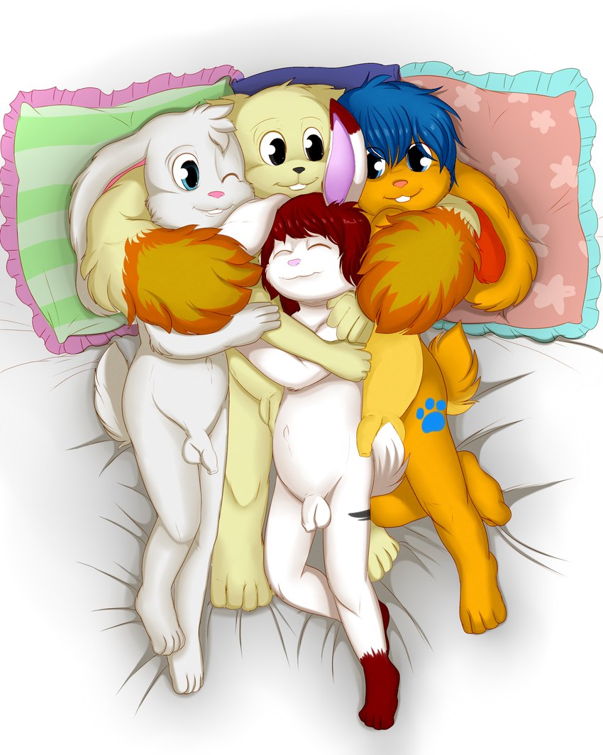 anthro balls bed eyes_closed flaccid foreskin furniture genitals group hug humanoid_genitalia humanoid_penis long_ears looking_at_another lying lying_on_bed male male/male on_bed one_eye_closed penis pillow wink young young_anthro young_male launny jeffybunny kevin_snowpaw manic_(manickyrabbit) robby_bunny lagomorph leporid mammal rabbit 2015 4:5 absurd_res hi_res