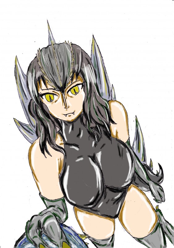 black_hair breasts fangs female hair looking_at_viewer pupils simple_background slit_pupils smile solo spines standing teeth yellow_eyes kenn godzilla_(series) toho godzilla kaiju unknown_species absurd_res hi_res