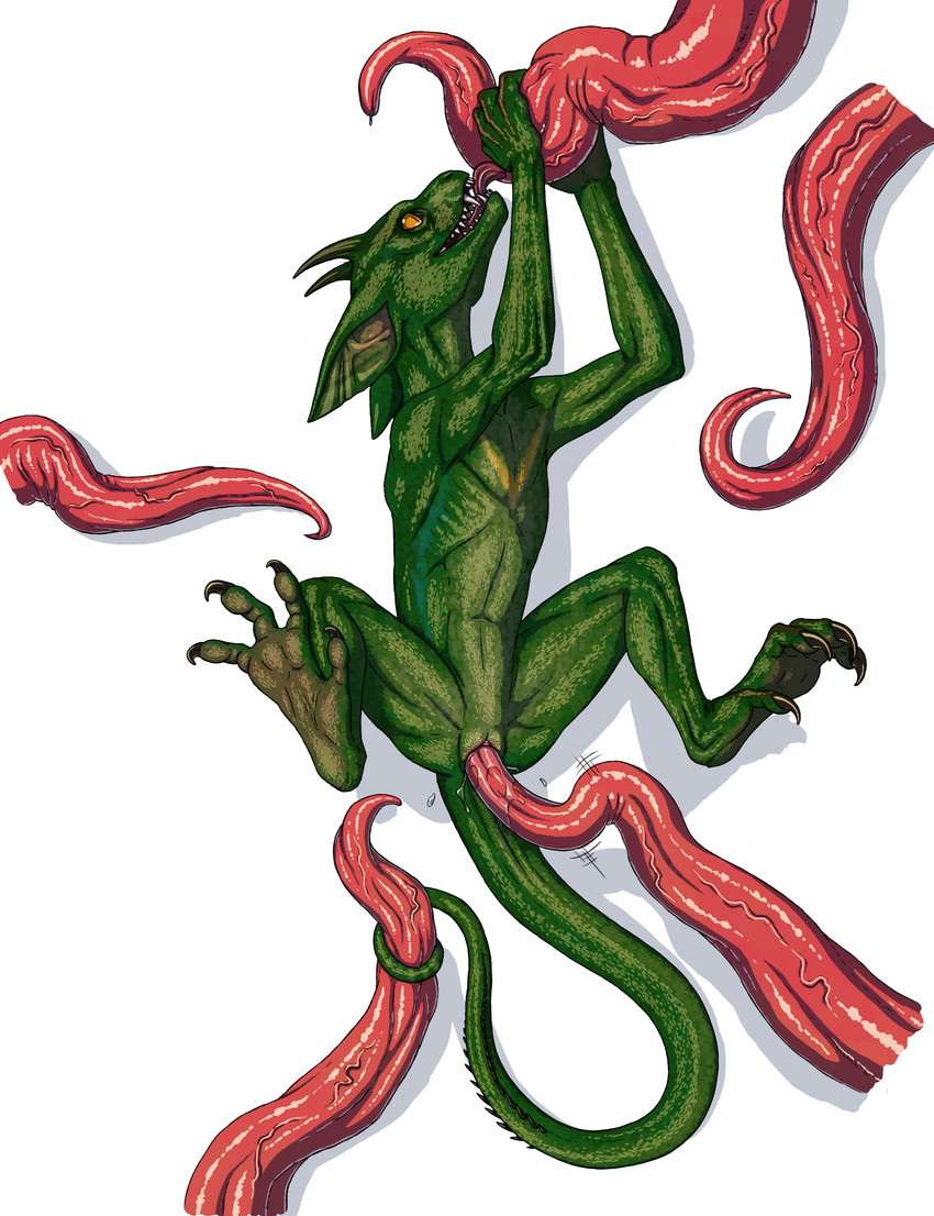 anthro bodily_fluids feet female genital_fluids green_body green_scales holding_tentacles horn licking lying on_back penetration pink_tentacles prehensile_tail scales sex simple_background soles solo speedlines tail tentacle_in_pussy tentacle_lick tentacle_penetration tentacle_sex tentacles tongue tongue_out vaginal vaginal_fluids vaginal_penetration vein veiny_tentacles white_background yellow_eyes ramul overlord_(game) minion_(overlord) reptile scalie absurd_res hi_res