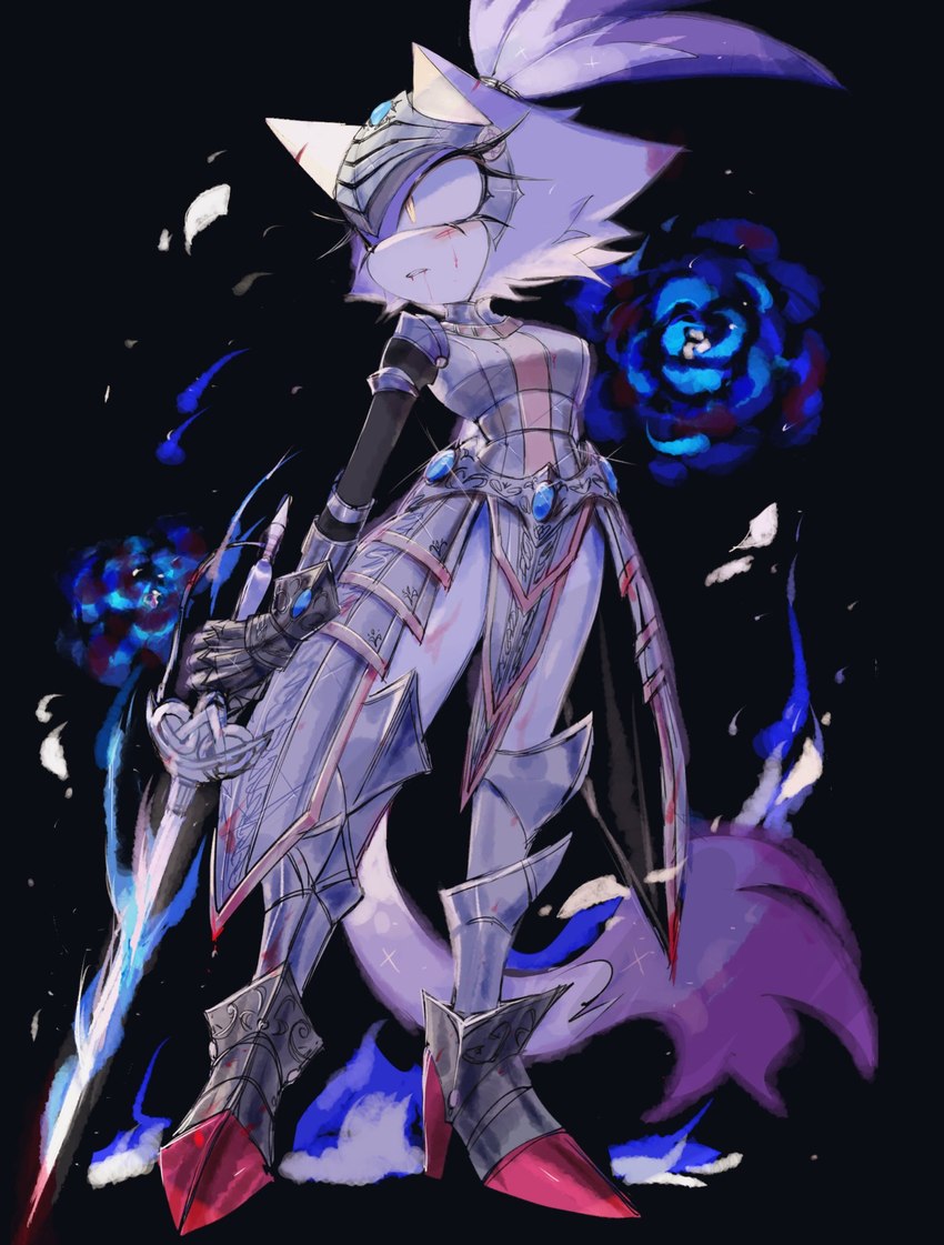 anthro armor black_background blood bodily_fluids breasts clothed clothing female flower fur gloves handwear headgear helmet holding_object holding_weapon melee_weapon plant simple_background sword weapon usa37107692 sega sonic_and_the_black_knight sonic_storybook_series sonic_the_hedgehog_(series) blaze_the_cat sir_percival_(sonic_and_the_black_knight) domestic_cat felid feline felis humanoid mammal 2024 digital_media_(artwork) hi_res