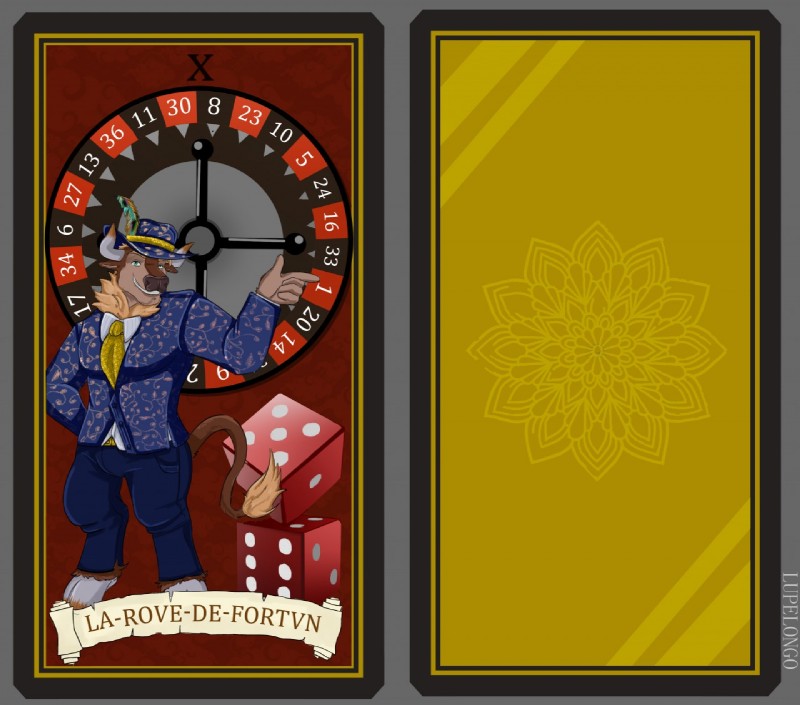 card card_template casino clothed clothing d6 dice feathers fortune_telling looking_at_viewer major_arcana male muscular muscular_male roman_numeral roulette_wheel simple_background smile solo suit tarot tarot_card text wheel_of_fortune_(tarot) lupelongo shard_(shard588) bovid bovine cattle mammal 2019 digital_media_(artwork) french_text translated