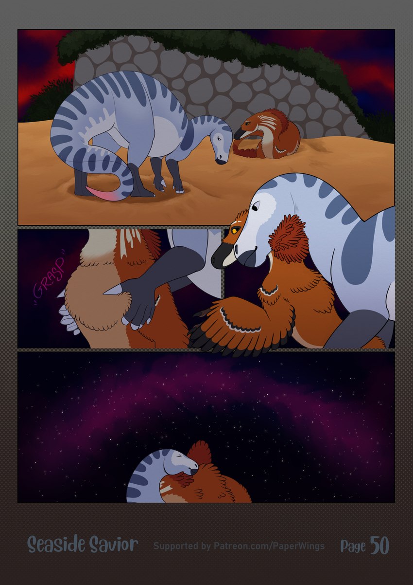 cuddling duo feathers female feral hug male male/female night romantic romantic_ambiance star sunset paper-wings adasaurus dinosaur feathered_dinosaur feathered_scalie nanyangosaurus ornithischian ornithopod prehistoric_species reptile scalie theropod comic hi_res