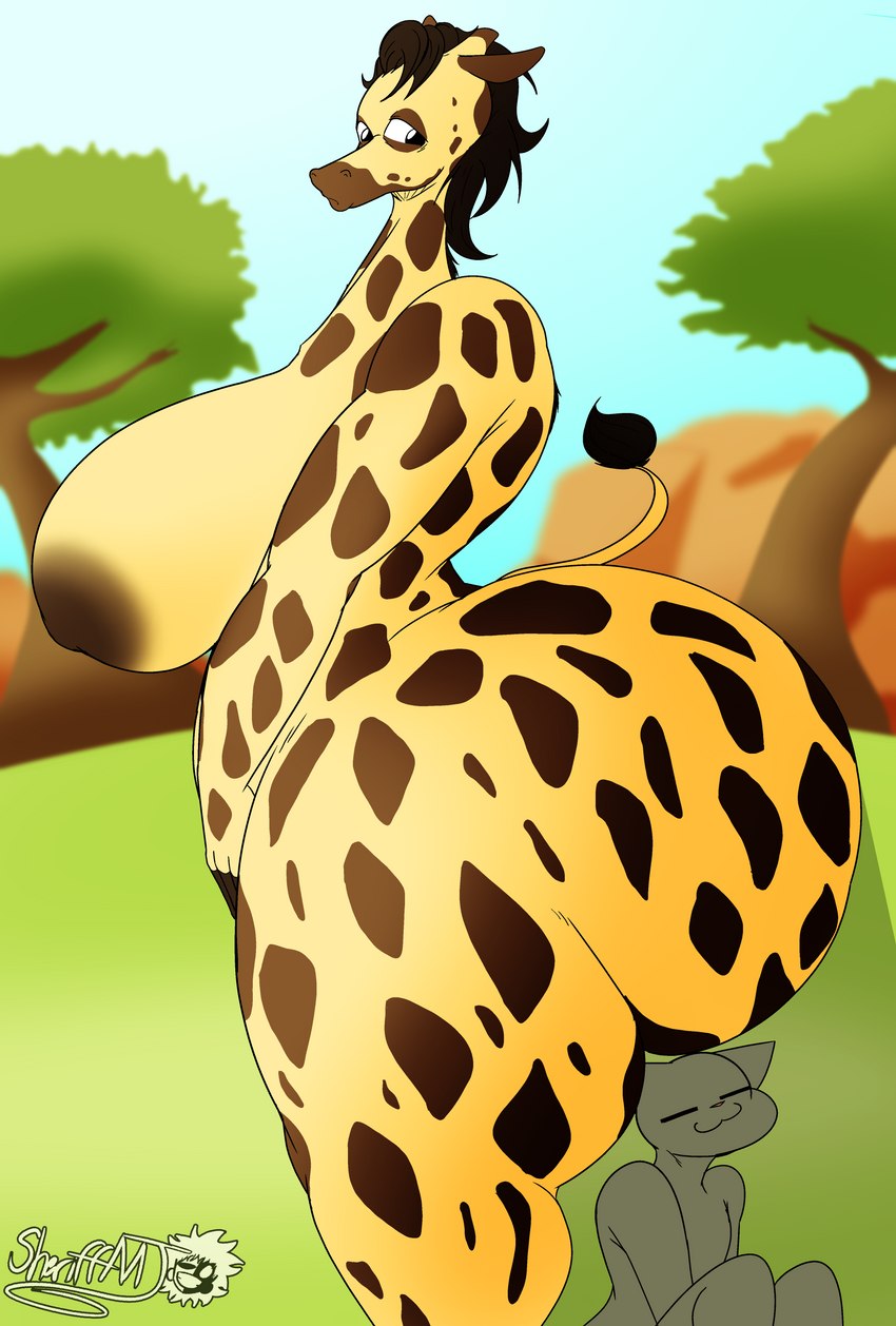 africa ambiguous_gender anthro big_breasts big_butt breasts butt butt_shade detailed_background duo female huge_breasts huge_butt larger_female nipples sitting size_difference solo_focus tail thick_thighs masterj291 giraffe giraffid mammal 2021 absurd_res digital_media_(artwork) hi_res