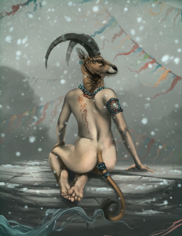 accessory ambiguous_gender armlet brown_body brown_eyes brown_fur butt detailed_background ear_piercing for_a_head fur furgonomics horn jewelry looking_back necklace nude outside piercing rear_view runes sitting snow snowing solo tail tail_accessory tail_jewelry tail_tuft tattoo tuft blackpassion777 animal_head animal_humanoid bovid caprine goat horned_humanoid humanoid mammal tailed_humanoid absurd_res hi_res