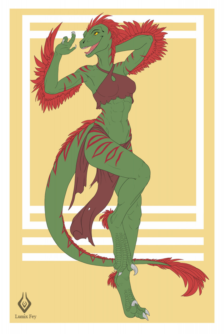 anthro border bottomwear clothing feathers female loincloth red_stripes solo stripes tail white_border yellow_eyes lumixdragonfey_(artist) uthalla dinosaur dromaeosaurid prehistoric_species reptile scalie theropod velociraptor hi_res