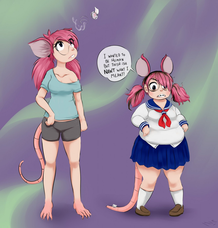 annoyed anthro anthro_to_human armor barefoot before_and_after blush bottomwear braces breasts buckteeth clothing dialogue eyewear fake_ears fake_mouse_ears fake_tail feet female glasses hair height_loss lisp looking_up overweight overweight_female pigtails pink_hair school_uniform shirt shorts shrinking shrinking_breast simple_background size_transformation solo species_transformation standing teeth text topwear transformation uniform weight_gain mentalcrash human mammal murid murine rat rodent 2019 english_text hi_res