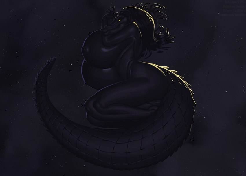 anthro big_breasts big_butt black_body black_hair black_scales breasts butt female hair huge_breasts lips nipples nude scales solo thick_lips yellow_eyes borisalien alligator alligatorid crocodile crocodilian reptile scalie 2023 digital_media_(artwork) hi_res