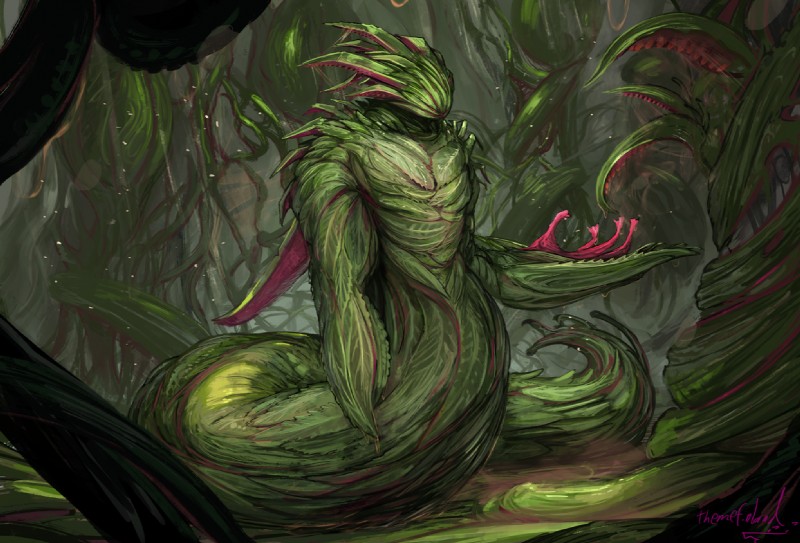 ambiguous_gender anthro cilia detailed_background eyeless featureless_chest forest green_body jungle leaf_(anatomy) nude plant solo standing tentacle_cilia tentacles tree unusual_anatomy unusual_face unusual_hands themefinland elemental_creature flora_fauna 2019 digital_media_(artwork) digital_painting_(artwork) full-length_portrait green_theme portrait restricted_palette signature