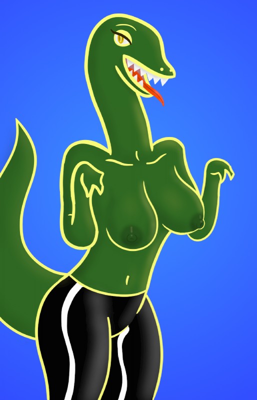 anthro areola biped bottomwear breasts clothed clothing female half-closed_eyes looking_at_viewer narrowed_eyes nipples non-mammal_breasts open_mouth pants simple_background smile solo standing teeth tongue tongue_out topless 4o4error speedrunners veloci-t-rex_(speedrunners) dinosaur dromaeosaurid prehistoric_species reptile scalie theropod velociraptor 9:14 hi_res