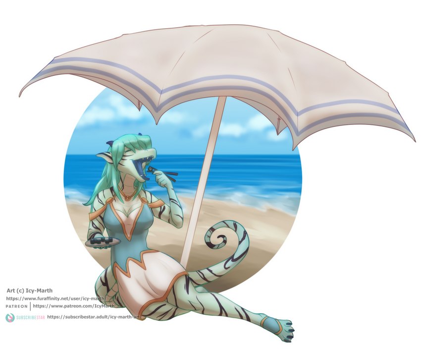 4_toes 5_fingers anthro beach beach_umbrella black_claws black_markings blue_clothing blue_dress blue_horn blue_mouth blue_tongue border breasts chopsticks circle_background claws clothed clothing curled_tail dress eating eating_food eyes_closed feet female fingers food front_view green_body green_hair green_scales hair holding_chopsticks holding_object holding_plate horn markings medium_breasts monotone_hair multicolored_clothing multicolored_dress non-mammal_breasts open_mouth parasol scales sea seaside sitting sky solo subscribestar_logo sushi tail teeth text toes tongue tongue_out two_tone_clothing two_tone_dress ventral_scales water white_border white_clothing white_dress icy-marth mythology subscribestar alice_(sixthleafclover) dragon lizard mythological_creature mythological_scalie reptile scalie 2023 artist_name full-length_portrait portrait url