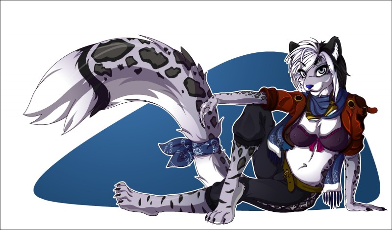 anthro biped black_border border breasts clothed clothing female fur hair kerchief looking_at_viewer midriff navel pose simple_background sitting smile solo diaboso jacklyn_grayman canid canine felid mammal pantherine snow_leopard