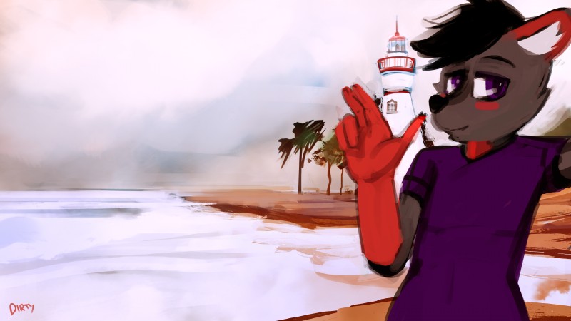 anthro biped black_hair black_nose brown_body brown_fur clothed clothing cloud detailed_background fur hair lighthouse male outside plant purple_clothing purple_eyes purple_shirt purple_topwear red_body red_ears red_fur scenery sea shirt shore sky smile snout solo t-shirt topwear tree water white_sky dirtyscoundrel shii_saka canid canine fox mammal 16:9 2017 4k absurd_res digital_media_(artwork) digital_painting_(artwork) hi_res signature widescreen