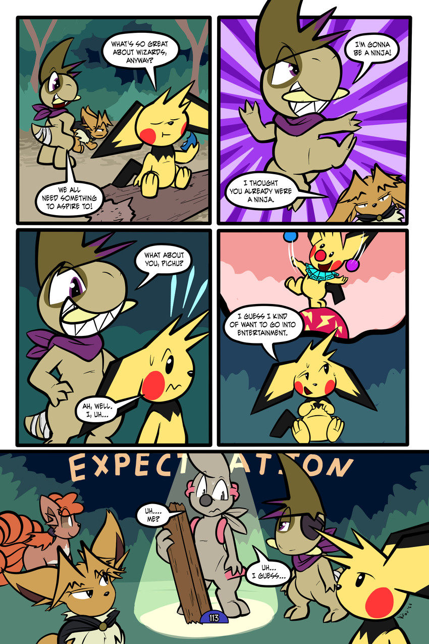 5_panel_comic ambiguous_gender bandage berry biped black_cape black_clothing black_nose black_tail black_text bodily_fluids brown_body brown_eyes brown_fur brown_hair cape cheek_spots clenched_teeth clothing clown_nose dialogue eating ellipsis exclamation_point eyebrows eyelashes feral food forest fruit fur group hair half-closed_eyes holding_berry holding_food holding_fruit holding_object looking_at_another motion_lines multi_tail narrowed_eyes neck_tuft on_one_leg open_mouth open_smile outside page_number paws plant pose pupils purple_eyes purple_scarf quadruped question_mark red_cheeks scarf sharp_teeth shrub sitting smile speech_bubble spotlight standing sweat sweatdrop tail talking_to_another teeth text toony translucent translucent_hair tree tuft tusks white_pupils white_sclera yellow_body virmir nintendo pokemon pokemon_mystery_dungeon spike_chunsoft virmir_(character) zinc_(zincxiron) axew eevee generation_1_pokemon generation_2_pokemon generation_5_pokemon humanoid pichu pokemon_(species) timburr vulpix 2026 2:3 absurd_res comic english_text hi_res signature female_(lore) male_(lore)