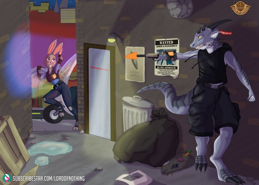 alley crime duo gun ranged_weapon text weapon lordofnothin1 disney zootopia fan_character judy_hopps shadowdile kobold lagomorph leporid lizard mammal rabbit reptile scalie english_text tagme