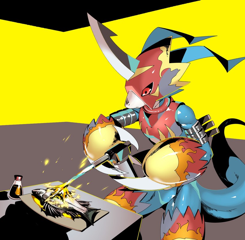 anthro armor belt blade_fingers blowtorch blue_body clothing cooking fire food gauntlets gloves handwear headgear helmet horn male meat red_eyes seasoning solo straps skink_hisshiss bandai_namco digimon digimon_(species) fish flamedramon marine hi_res