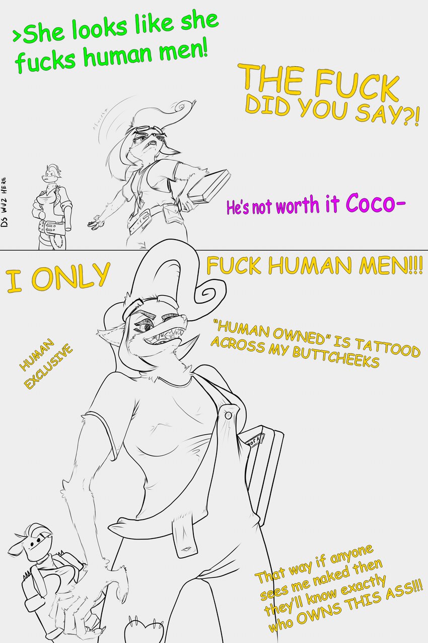 anthro butt butt_tattoo clothing computer electronics eyewear eyewear_on_head female goggles goggles_on_head greentext_(format) group human_fetish laptop male nipple_outline offscreen_human overalls patch_(fabric) profanity tattoo teeth text trio yelling_from_off_screen doublespace activision crash_bandicoot_(series) she_looks_like_she_fucks coco_bandicoot tawna_bandicoot bandicoot human mammal marsupial 2:3 absurd_res english_text hi_res meme