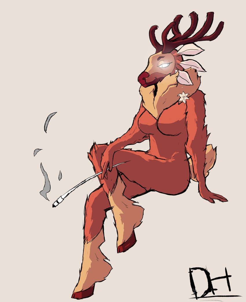 anthro antlers female flower_in_fur glowing glowing_eyes horn sitting smoking solo doghotline spiritfarer thunder_lotus_games gwen_(spiritfarer) deer mammal hi_res