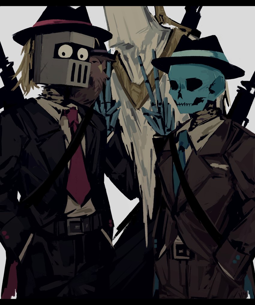 ambiguous_gender armor black_bars black_clothing black_suit blue_necktie bone brown_clothing brown_suit clothing fedora group hat headgear headwear helmet necktie not_furry red_necktie skeleton suit trio volatilemask new_blood_interactive ultrakill hank_(ultrakill) mysterious_druid_knight owl_(ultrakill) the_ferryman_(ultrakill) avian bird humanoid owl hi_res letterbox