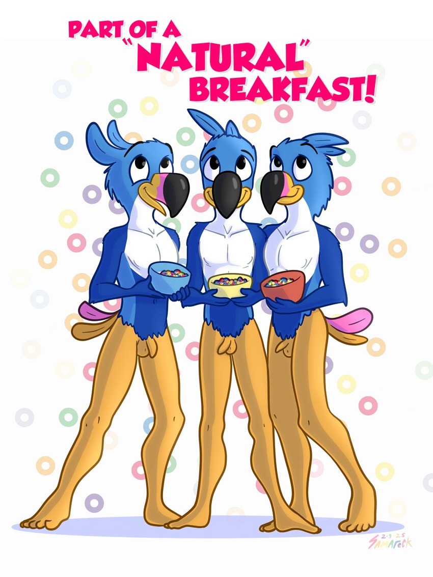 5_fingers 5_toes anthro balls beak biped black_eyes blue_body blue_feathers bowl casual_nudity cereal container countershade_feathers countershade_neck countershade_torso countershading feathers feet fingers flaccid food foreskin genitals group holding_object humanoid_feet humanoid_genitalia humanoid_penis looking_up male multicolored_beak multicolored_body multicolored_feathers no_irises non-mammal_balls nude open_beak open_mouth penis pink_text plantigrade scaled_legs simple_background standing tail tail_feathers text toes trio white_background white_body white_feathers young young_anthro young_male samareck avian bird toucan 2025 3:4 absurd_res dated digital_media_(artwork) english_text hi_res signature brother_(lore) brothers_(lore) sibling_(lore)