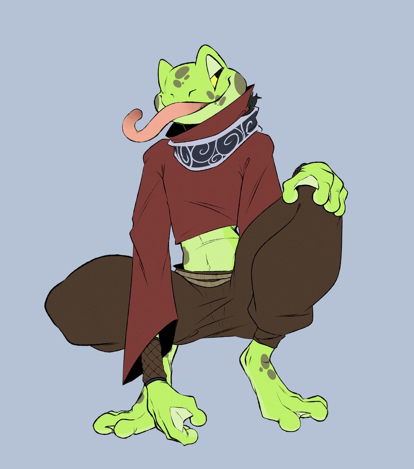 anthro biped clothed clothing fingers green_body long_tongue male membrane_(anatomy) simple_background solo tongue tongue_out webbed_hands redras_shoru varahir_(redras_shoru) amphibian frog absurd_res hi_res