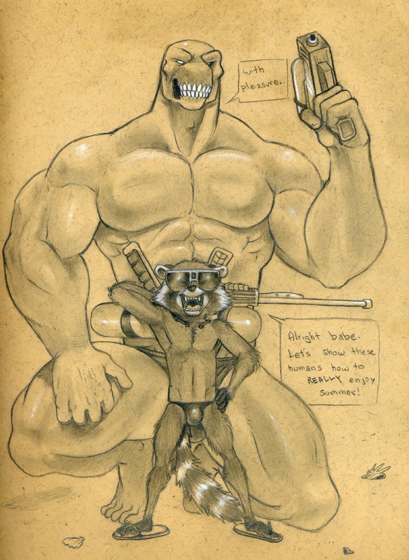 5_fingers 5_toes abs anthro beach biceps big_muscles bulge clothed clothing dialogue duo eyewear feet fingers footwear fur gun handgun holding_object holding_weapon kneeling looking_at_viewer male male/male muscular muscular_male obliques open_mouth outside pecs ranged_weapon sand sandals seaside shoes simple_background size_difference skimpy smile speech_bubble speedo swimwear teeth text toes topless triceps ventral_groove weapon tush_(artist) guardians_of_the_galaxy marvel thor_(series) beta_ray_bill rocket_raccoon alien korbinite mammal procyonid raccoon 2019 english_text hi_res