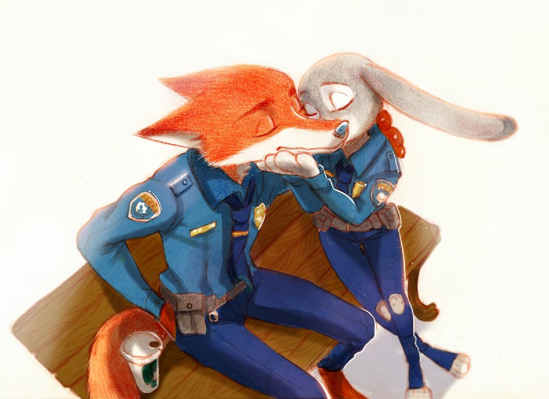 anthro barefoot bench claws clothing container crossed_legs cup disposable_cup duo eyes_closed feet female fur grey_body grey_fur hand_behind_back kissing long_ears male on_bench orange_body orange_fur police police_uniform predator/prey romantic romantic_couple size_difference uniform weketa disney zootopia judy_hopps nick_wilde canid canine fox lagomorph leporid mammal rabbit red_fox true_fox 2016