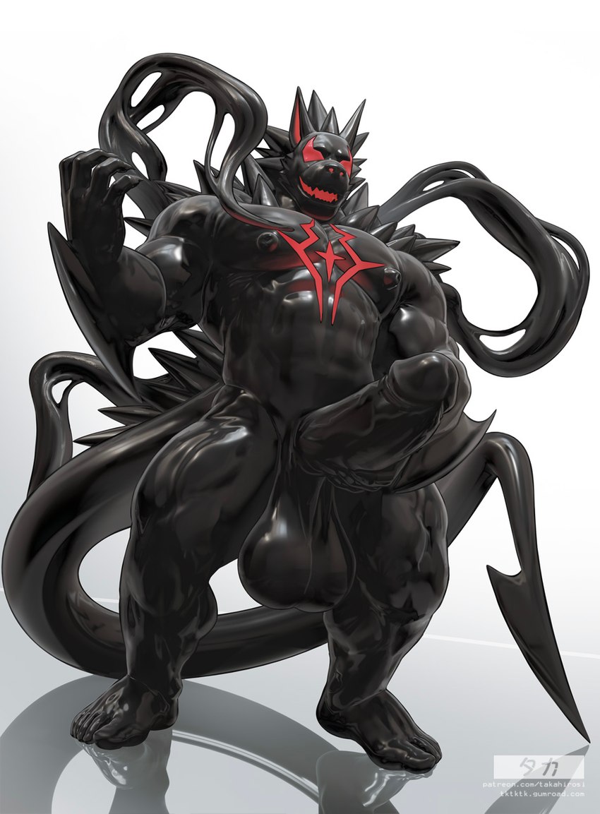 abs anthro arm_spikes balls biceps big_balls big_muscles big_penis black_body black_skin chest_markings claws elbow_spikes finger_claws fur genitals goo_suit horn humanoid_genitalia humanoid_penis male markings muscular muscular_anthro muscular_male muscular_thighs nipples nude pecs penis red_eyes red_markings red_sclera solo spade_tail spikes spikes_(anatomy) standing tail white_body white_fur takahirosi o_(takahirosi) canid canine mammal symbiote hi_res