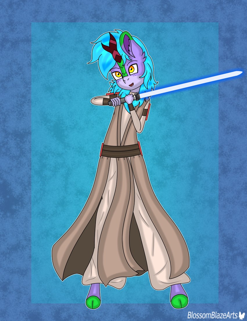 anthro arms_bent blue_lightsaber clothing freckles horn jedi lightsaber looking_at_viewer male melee_weapon open_mouth pose raised_arms robe solo spread_legs spreading standing topwear vest weapon blossomblaze asian_mythology hasbro my_little_pony mythology star_wars fan_character dragon kirin mammal mythological_creature mythological_scalie scalie absurd_res hi_res