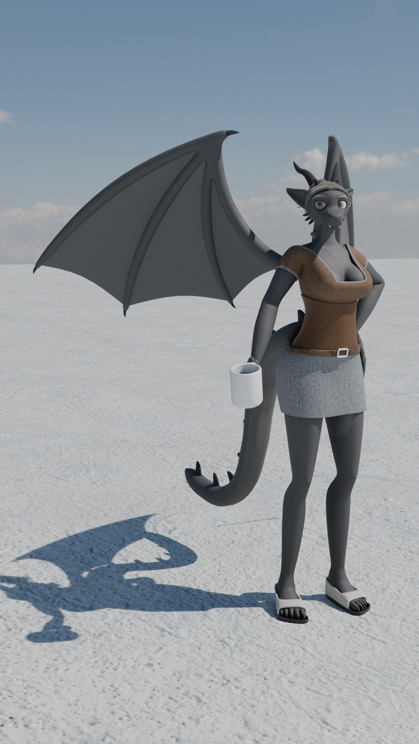 5_toes anthro brown_eyes claws clothing cup_in_hand feet female grey_body horn humanoid_feet looking_at_viewer plantigrade solo tail toes wings pukhnastyy_aks mythology eliora_vohnekryl dragon mythological_creature mythological_scalie scalie 3d_(artwork) 9:16 digital_media_(artwork) hi_res