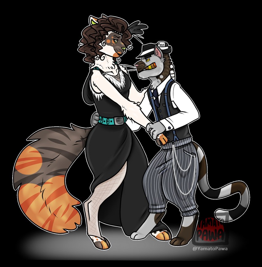 1920s 1930s anthro cigar clothing dancing dress duo female flapper_dress male male/female romantic romantic_couple size_difference zoot_suit yamatopawa domestic_cat felid feline felis maine_coon mammal tabby_cat alpha_channel hi_res