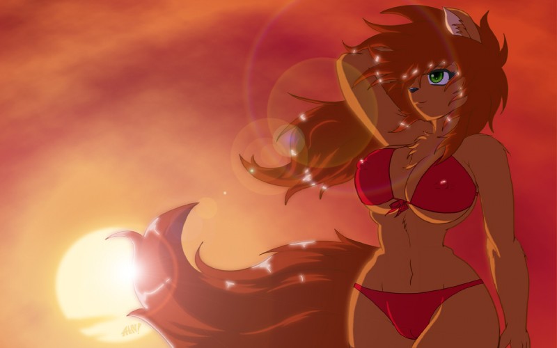 anthro big_breasts bikini black_nose breasts brown_body brown_fur brown_hair camel_toe clothing female fur green_eyes hair hand_behind_head lens_flare long_hair nipple_outline outside solo sunset swimwear two-piece_swimsuit desingahv canid canine fox mammal 2015