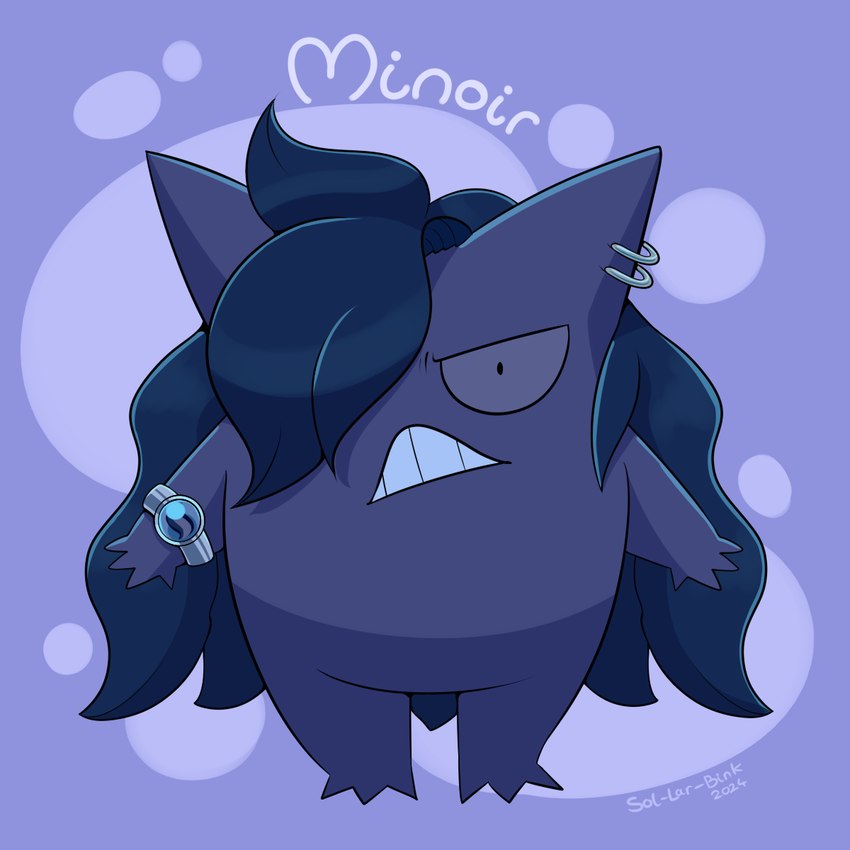 bracelet clenched_teeth dot_pupils ear_piercing female hair hair_over_eye jewelry long_hair mega_bracelet mega_stone one_eye_obstructed piercing purple_body simple_background solo standing teeth text sol-lar-bink nintendo pokemon minoir generation_1_pokemon gengar pokemon_(species) 1:1 2024 artist_name black_and_blue digital_media_(artwork) english_text hi_res monochrome