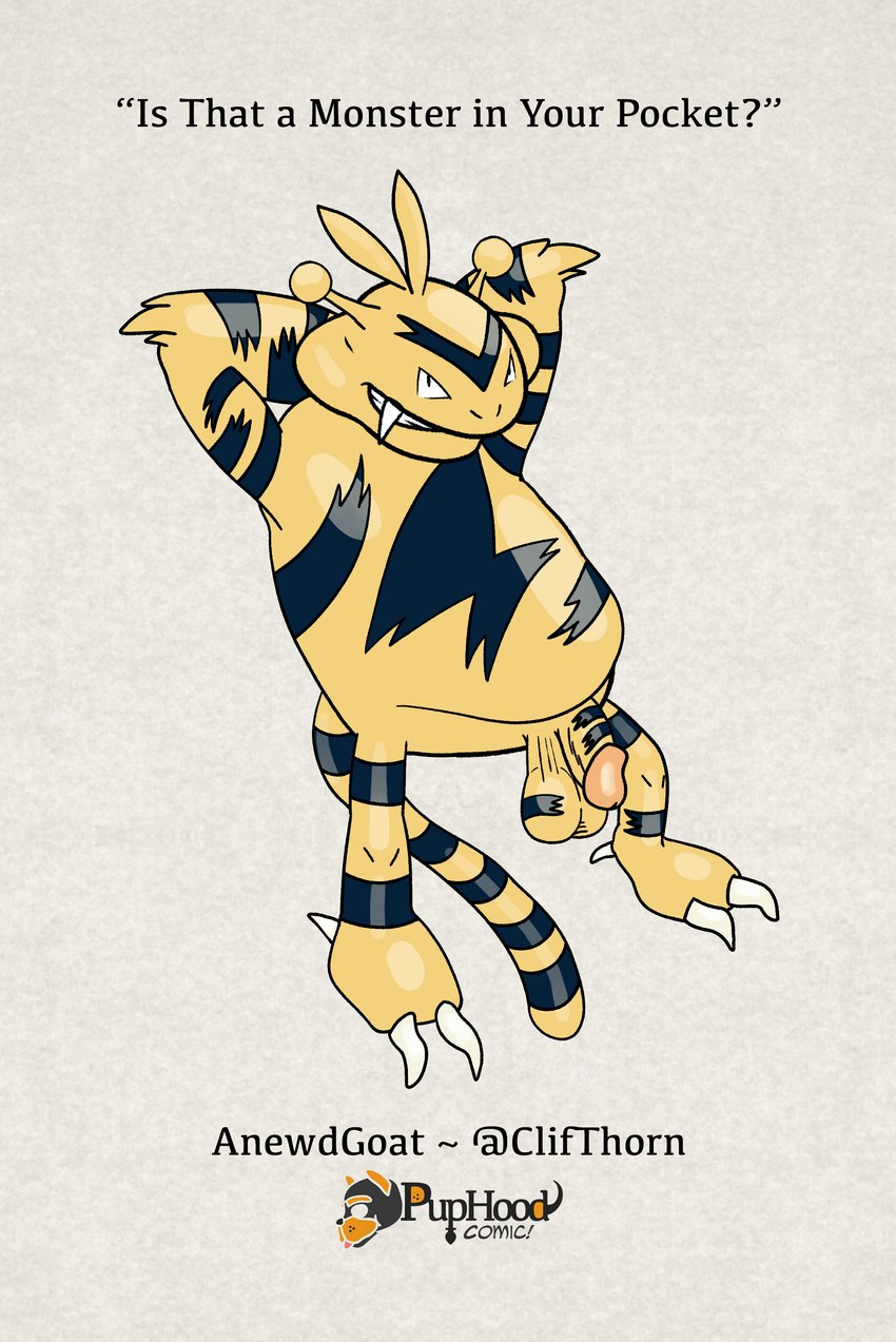 anthro balls flaccid genitals grin male penis smile solo text yellow_body anewdgoat nintendo pokemon electabuzz generation_1_pokemon pokemon_(species) absurd_res colored english_text hi_res