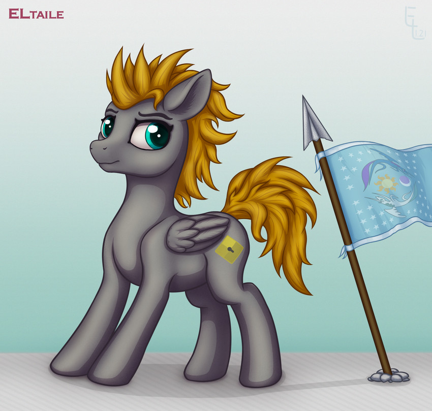 banderole equestria flag flag_(object) male melee_weapon platinumdrop polearm solo spear weapon wings elronya eltaile friendship_is_magic hasbro my_little_pony mythology fan_character equid equine mammal mythological_creature mythological_equine pegasus absurd_res hi_res